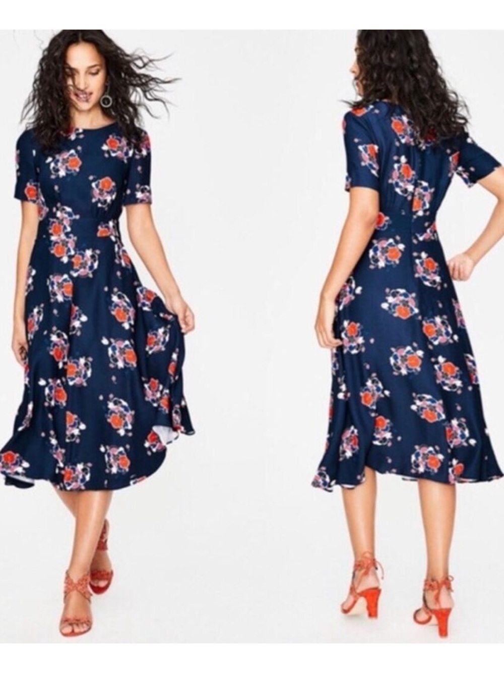 Boden Ruth Navy Floral A-Line Midi Dress Size 6